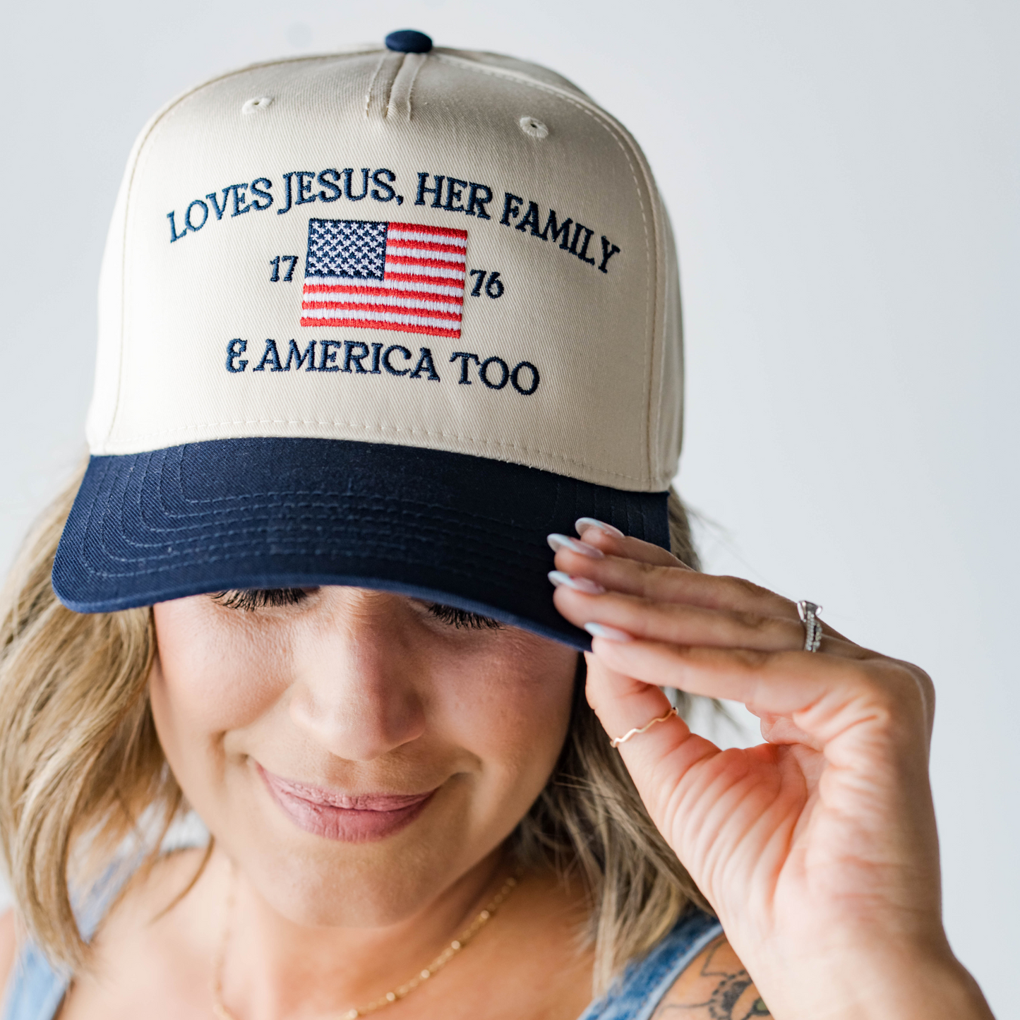 Loves Jesus, Her Family & America Too Embroidered Hat