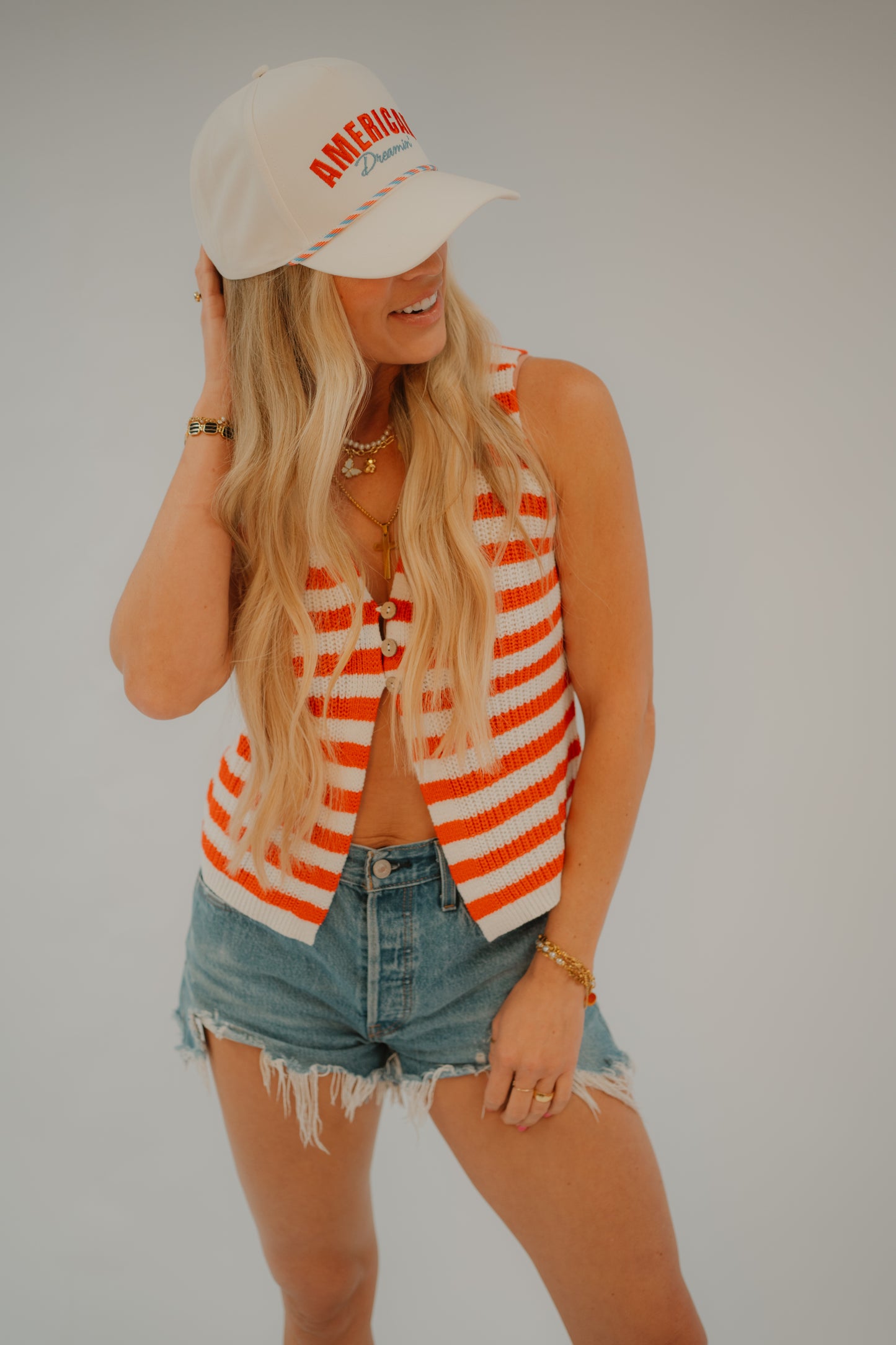 Red + White Striped Button-Front Sweater Vest
