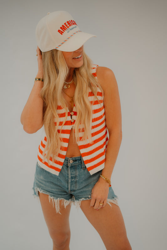 Red + White Striped Button-Front Sweater Vest
