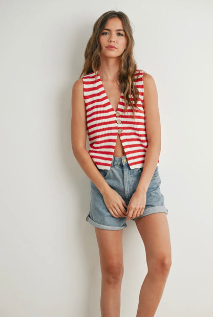 Red + White Striped Button-Front Sweater Vest