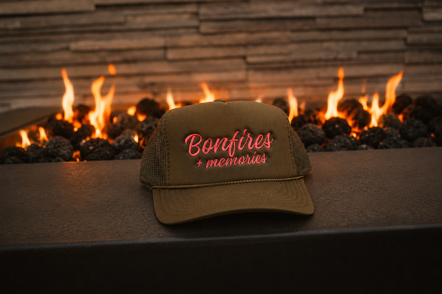 Bonfires + Memories Embroidered Trucker Hat
